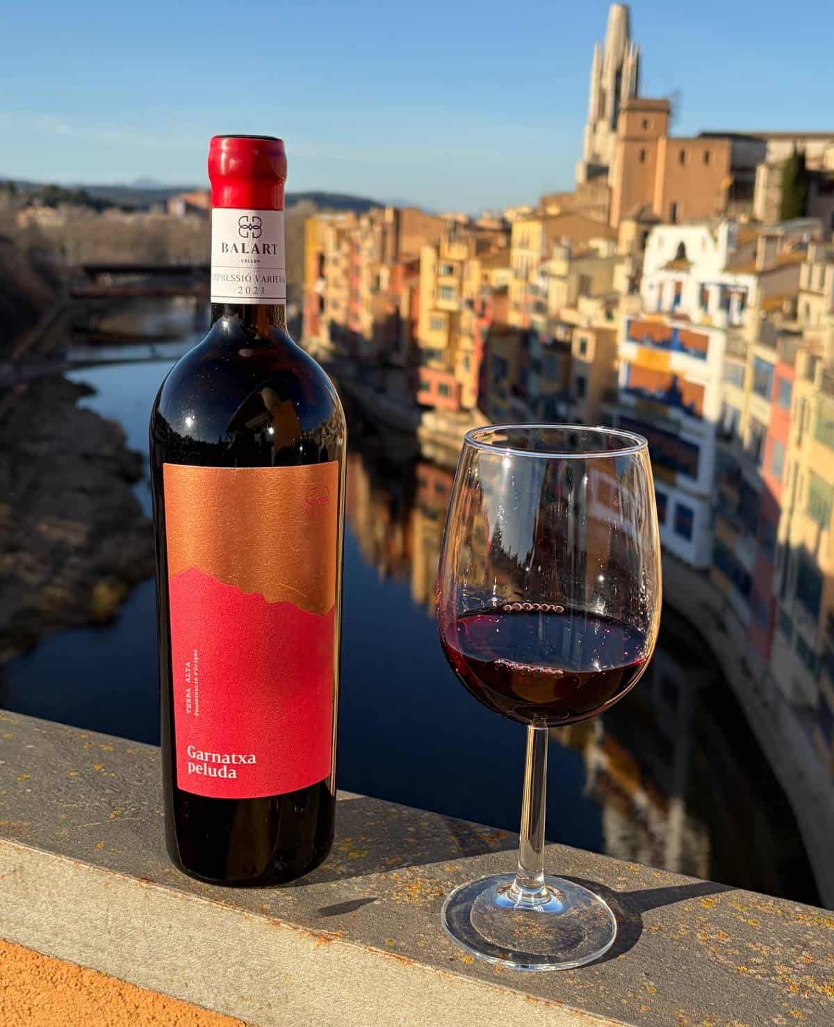 A bottle of Garnatxa Peluda with a glass of the red wine beside it, set on a ledge overlooking a river and the city of Girona, Spain.