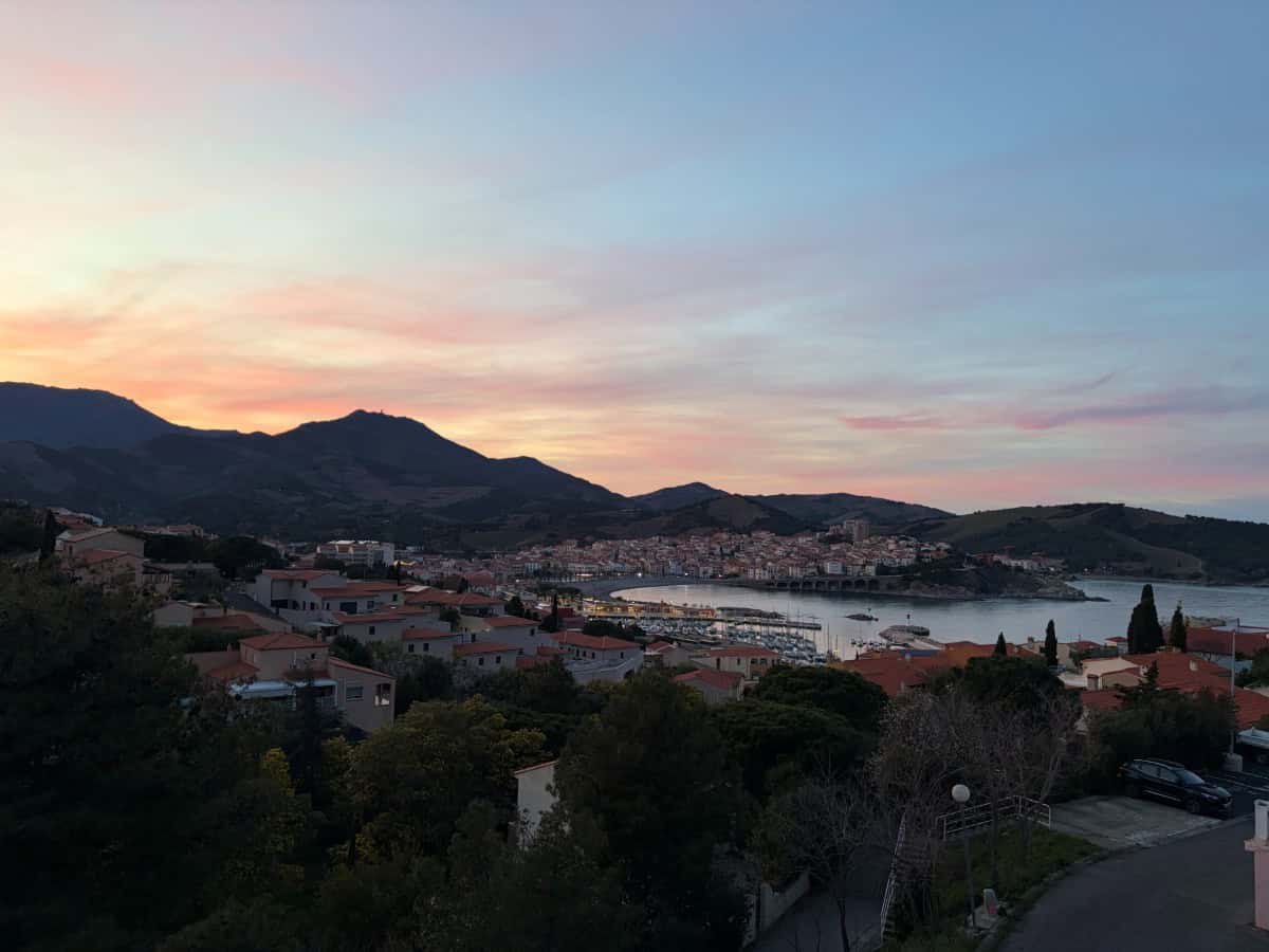 sunsetting behind the hills of Banyuls-sur-Mer.