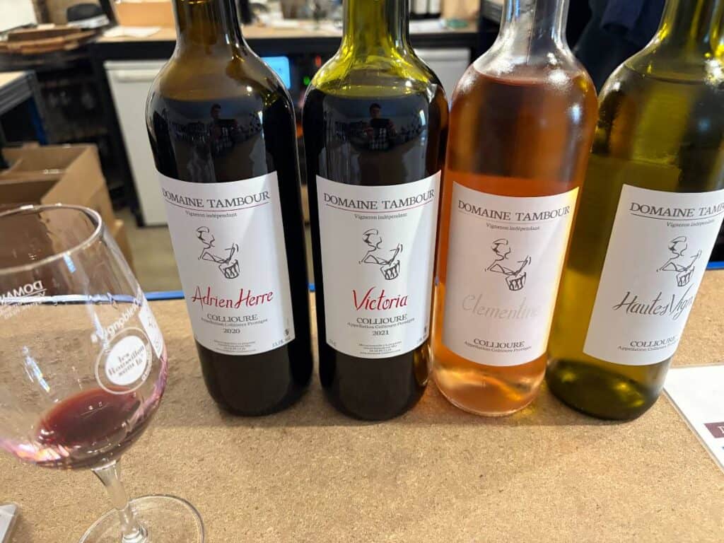 A lineup of 3 wines to taste at Domaine Tambour.