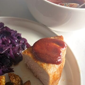 pork chops topped with no-cook BBQ sauce.