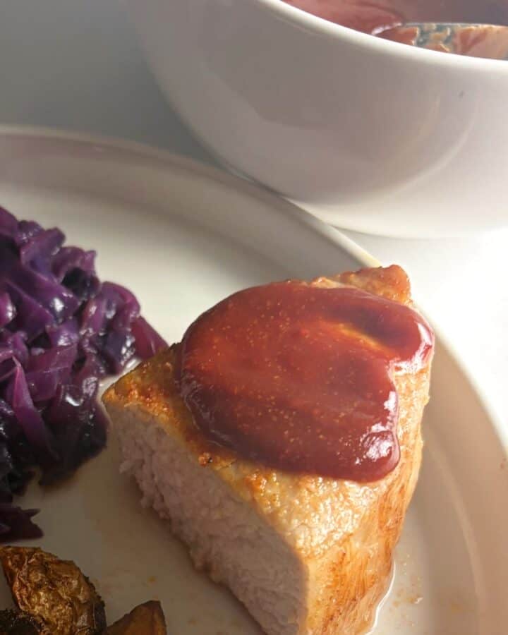 pork chops topped with no-cook BBQ sauce.
