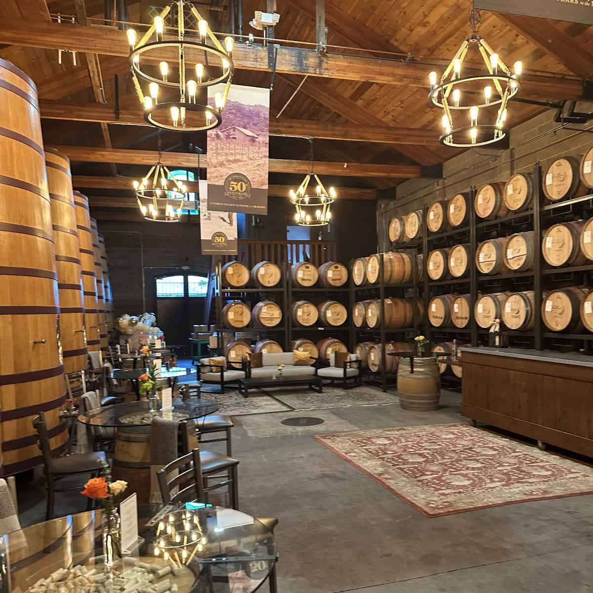 wine barrels inside a Dry Creek Vineyard winery room.
