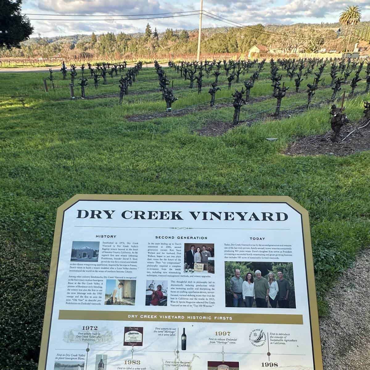 Dry Creek Vineyard sign with grapevines in the background.